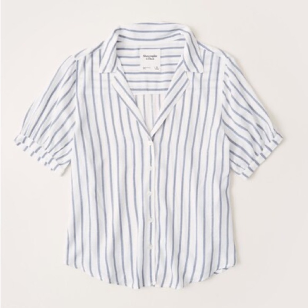 Abercrombie & Fitch Puff Sleeve Button Up Shirt White Stripes Work Shirt